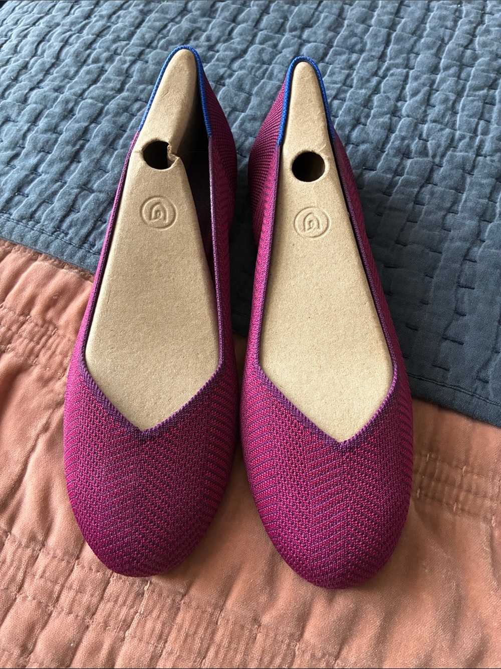 Rothy's Knit Ballet Flats in Magenta and Blue Trim